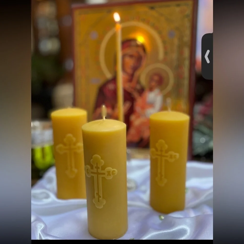 ORTHODOX CROSS PILLAR CANDLE  HANDMADE-BEESWAX (MEDIUM) 0489